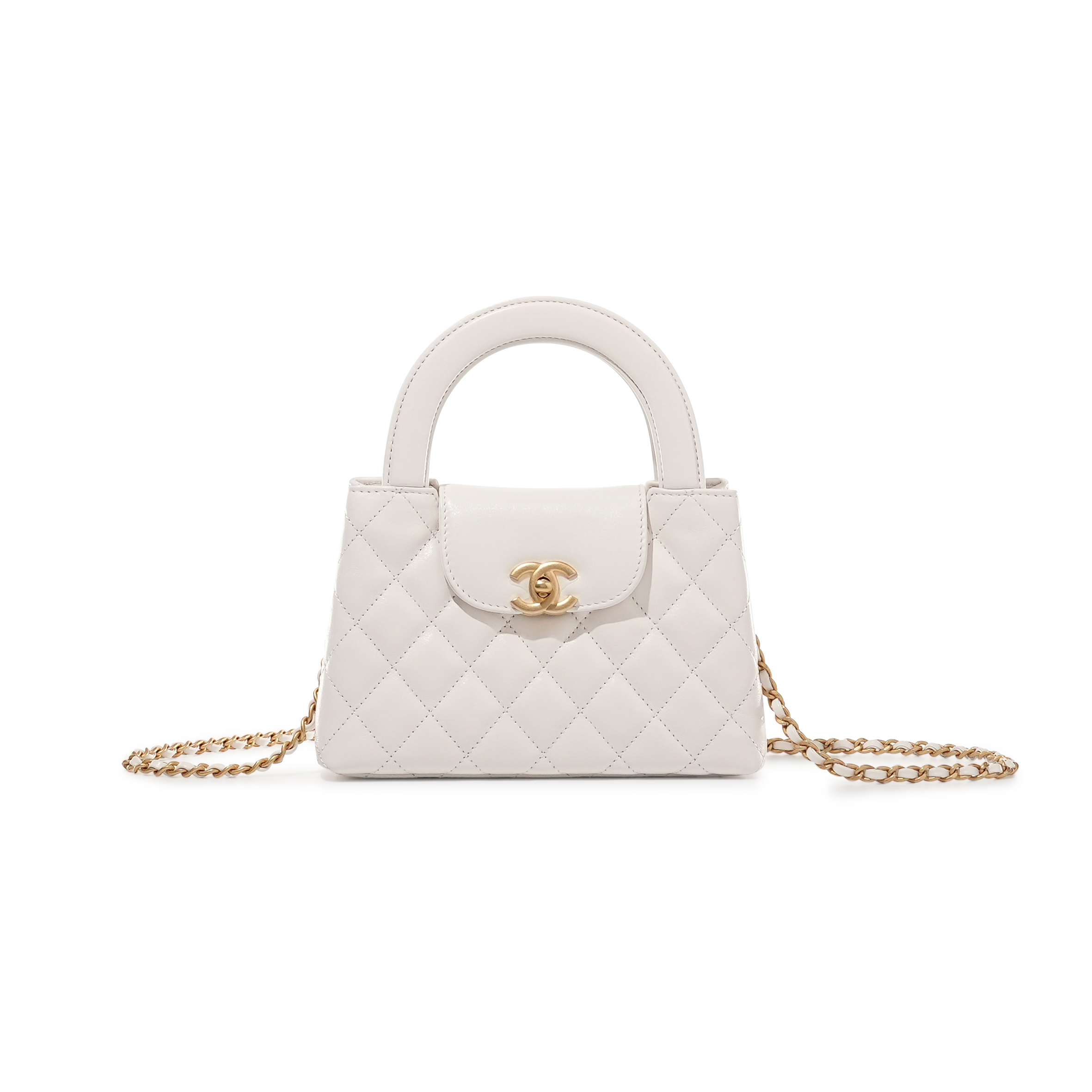 Ch*el master white quilted calfskin mini kelly bag brushed gold hardware as4416 (19*13*7cm)